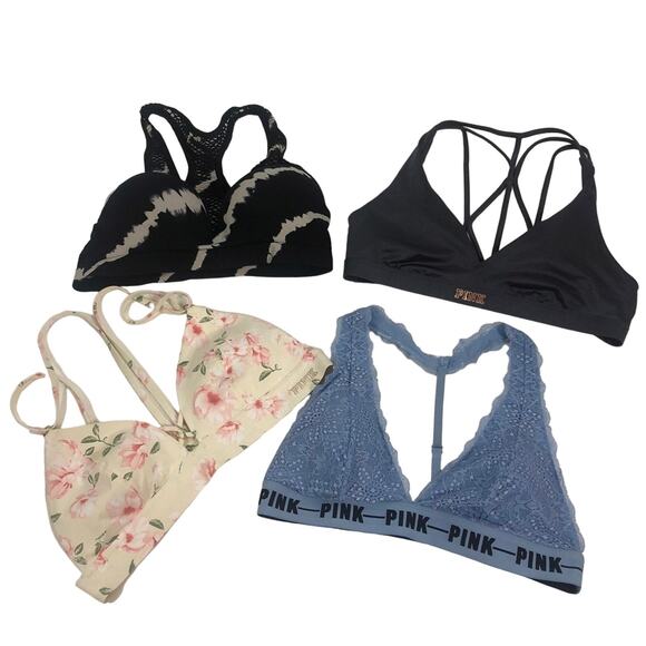 PINK Other - Victoria's Secret pink bralette bundle of four pink blue & black size large